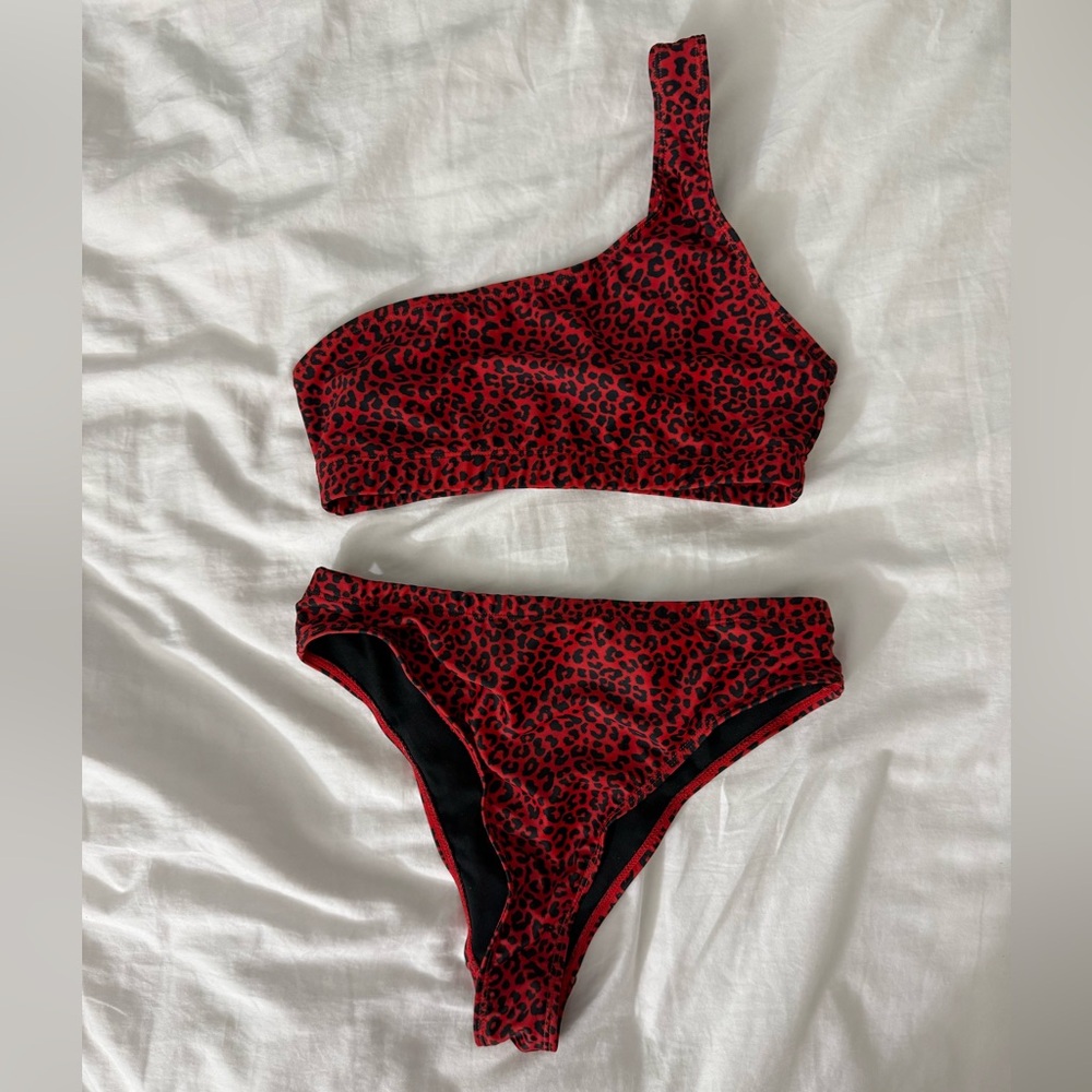 Nasty Gal Red and Black Leopard One-Shoulder Bikini